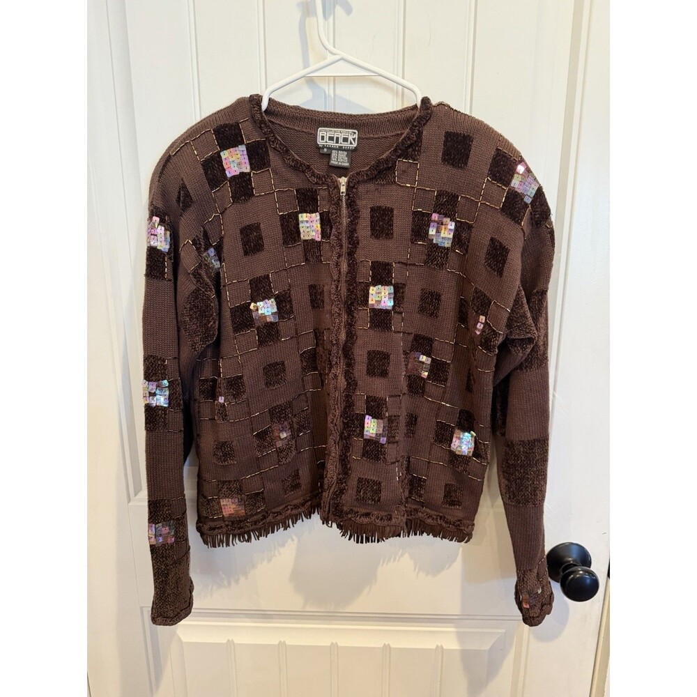 Berek Womens S Brown Embellished Zip Cardigan Sequin Beaded Fringe Artsy